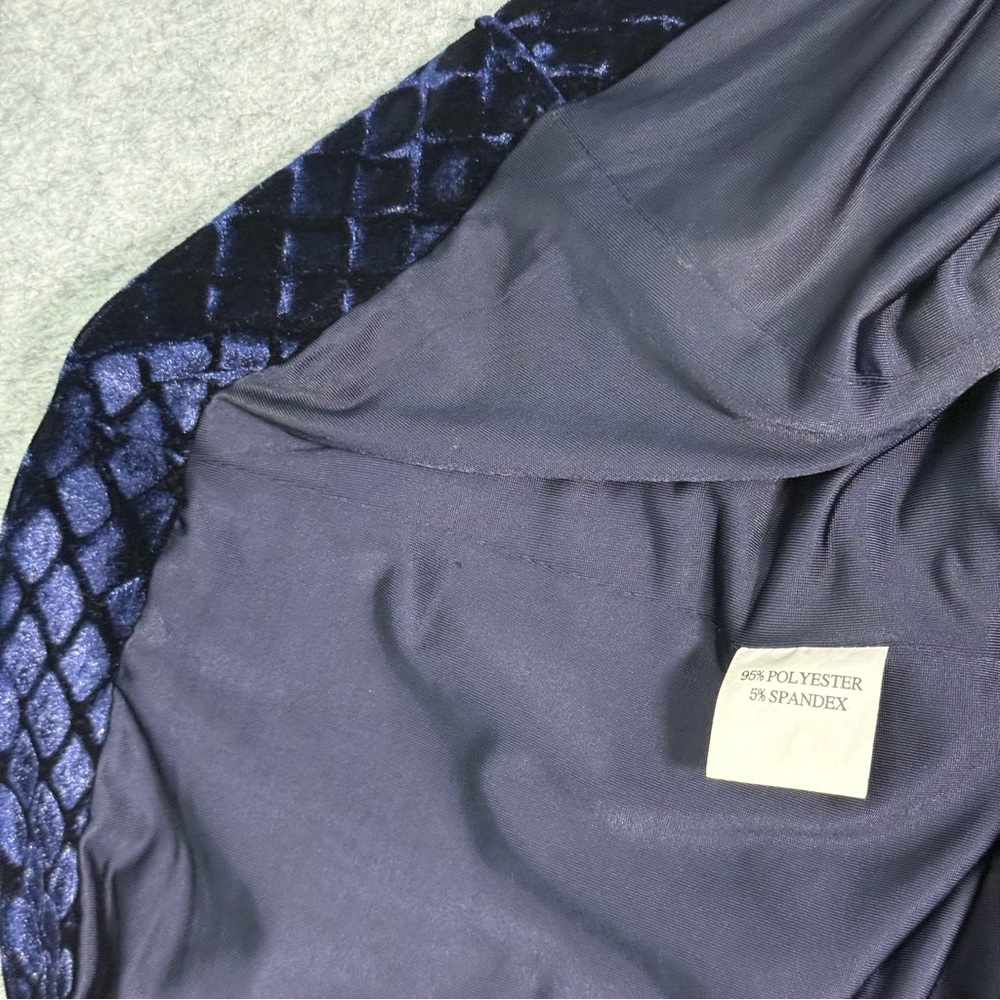 House of London Navy Velvet Mini Dress L Mock Neck Long Sleeve Shoulder Pads ( - Picture 3 of 13